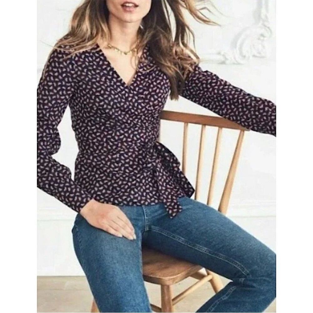 Boden Womens Rainbow Print Wrap Blouse 4P Navy Novelty Print Chic Twee